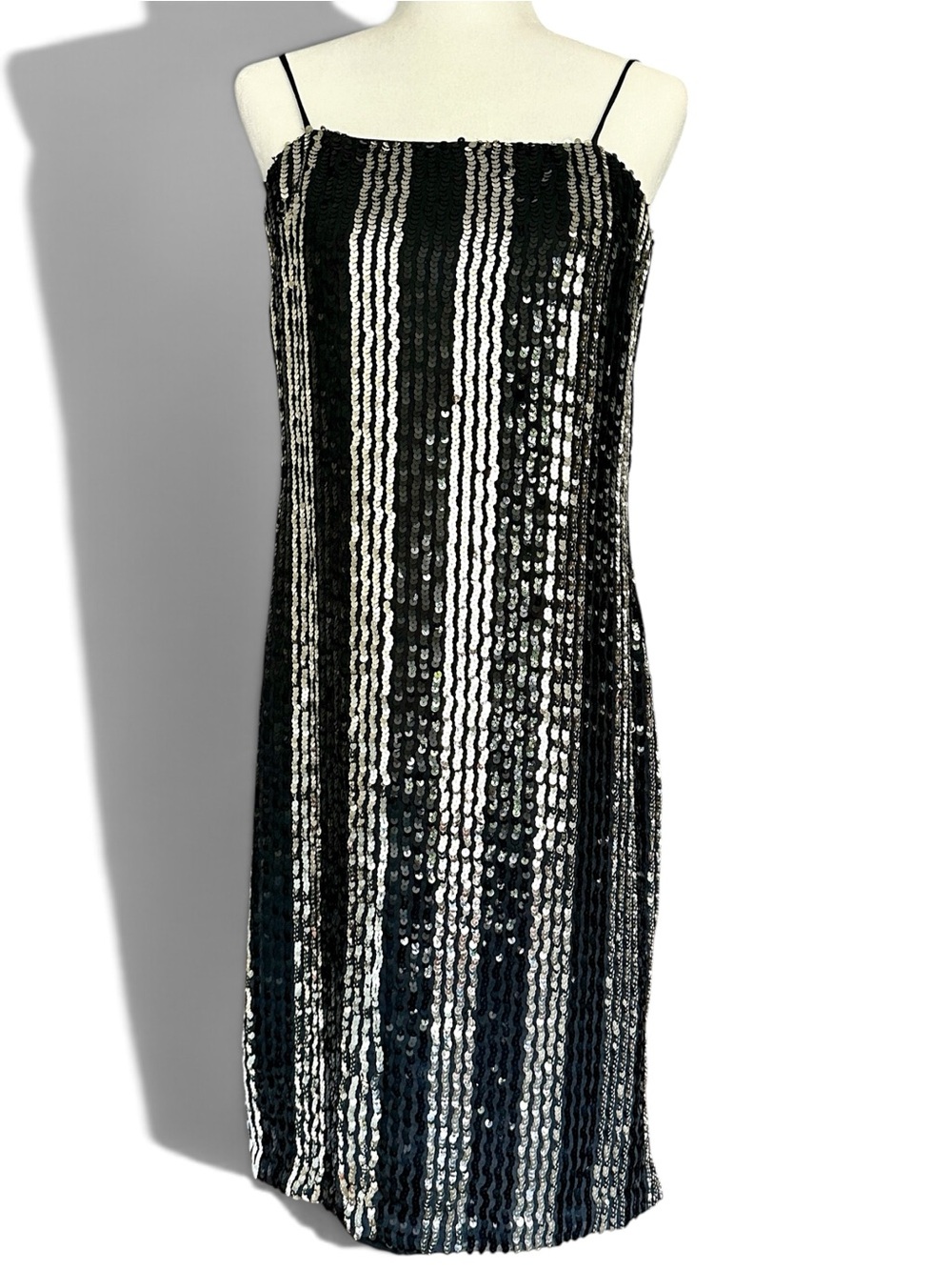 Gina Bacconi Vintage Sequin Cocktail Slip Dress | Size 8 | Black Silver Stripe